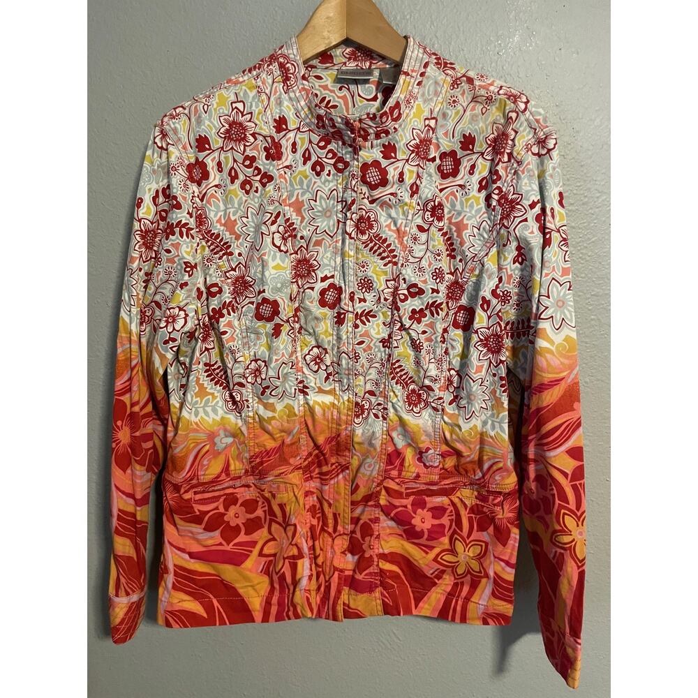 Chicos Jacket Womens Size 3 US XL Red Floral Print Full Zip Cotton Artsy Boho